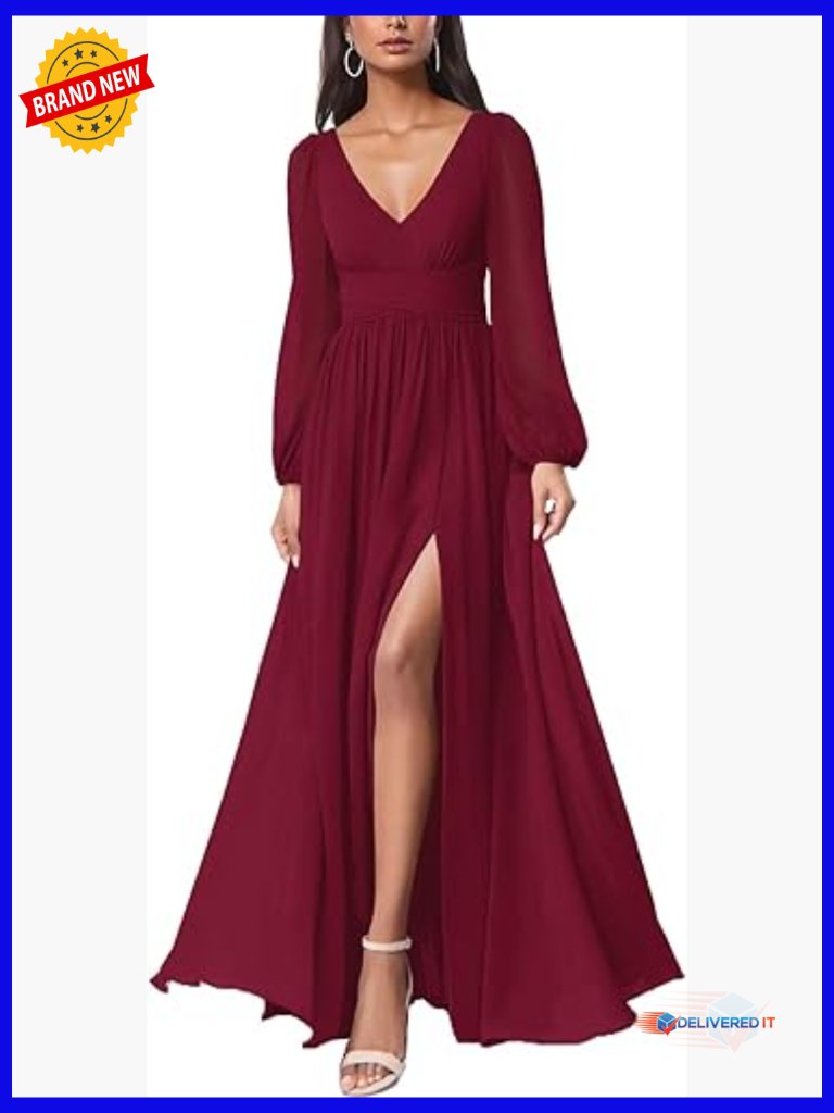 Mesh Long Sleeve Maxi Dress With Deep V Neck Open Back Slit Leg Formal